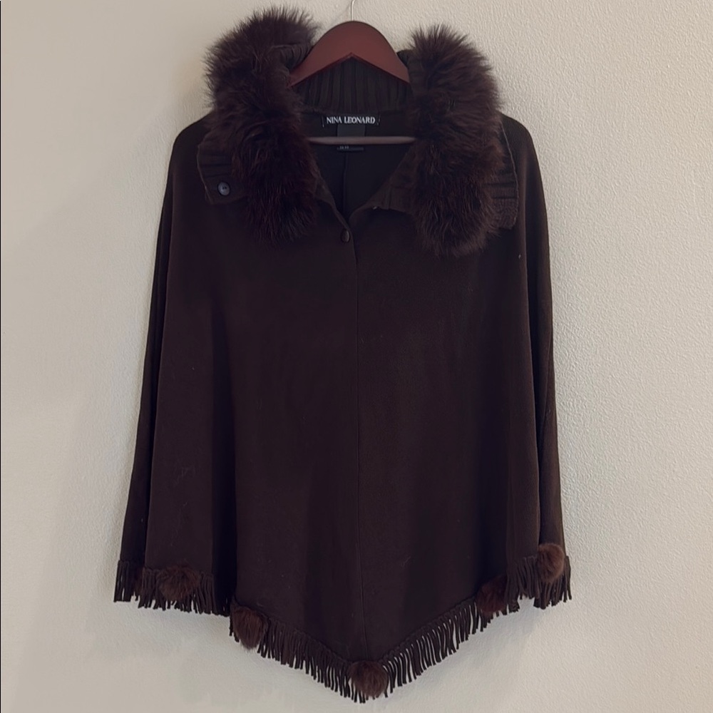 Nina Leonard Dark Brown Poncho with Fur Trim
